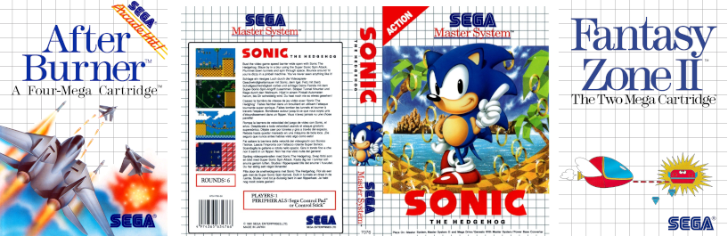 Master System Box Art for After Burner, Sonic the Hedgehog, and Fantasy Zone II